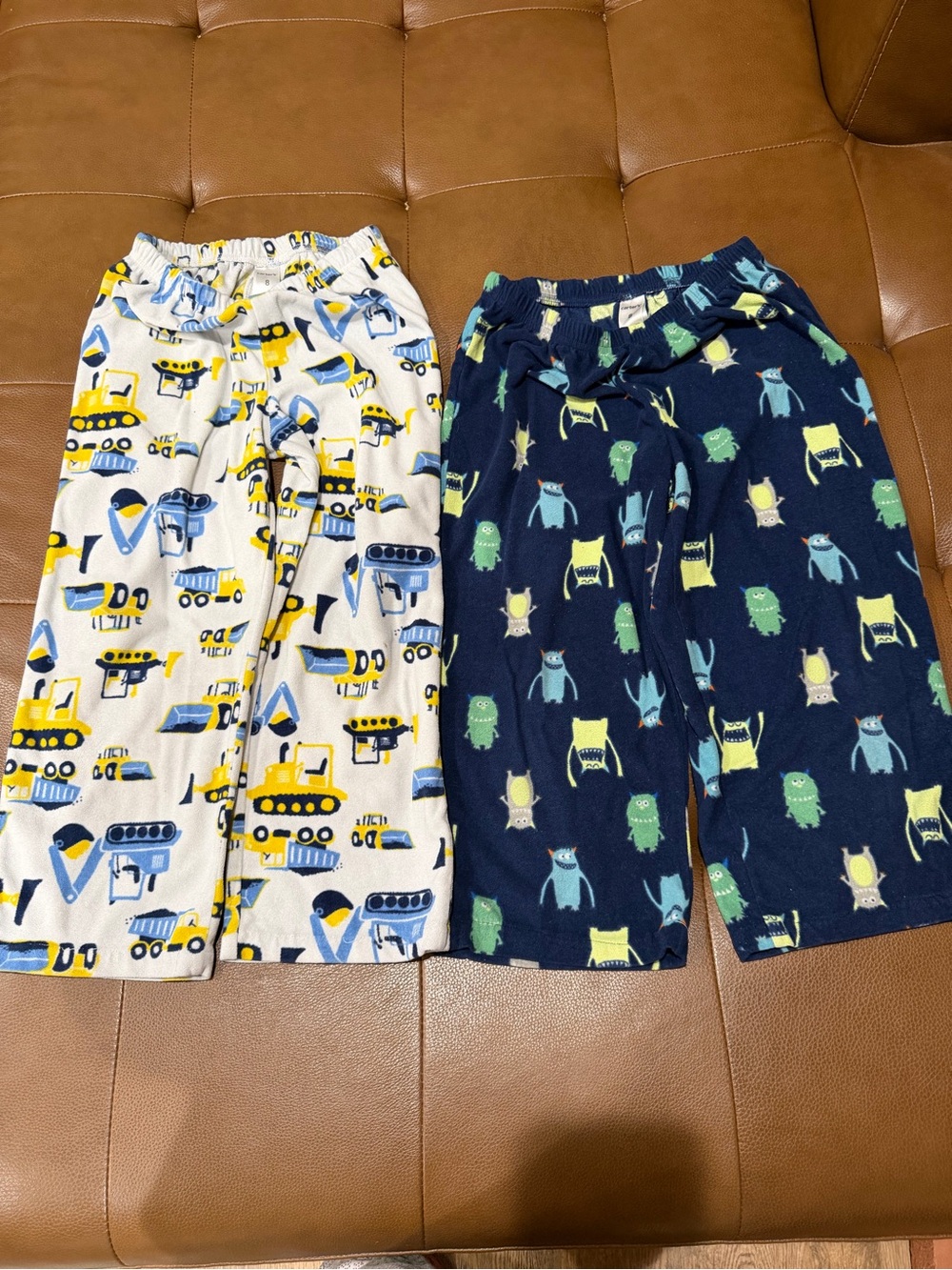 Kids Cozy Soft Pajama Pants Set White Construction & Navy Monster Prints Size 8
